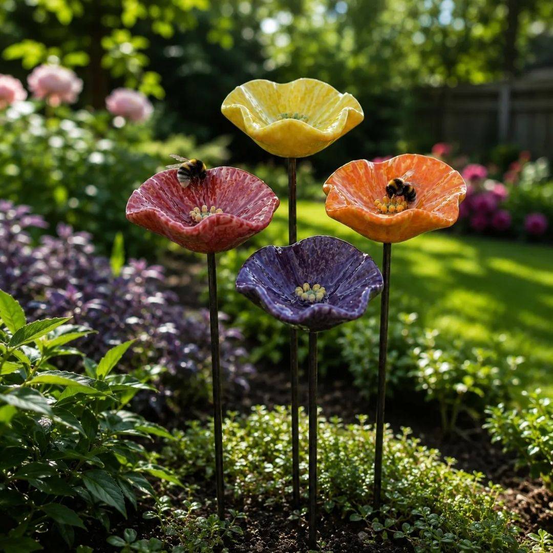 Handgemaakte Hommelbloemen – weerbestendige keramische drinkplaatsen voor hommels, set van 4.