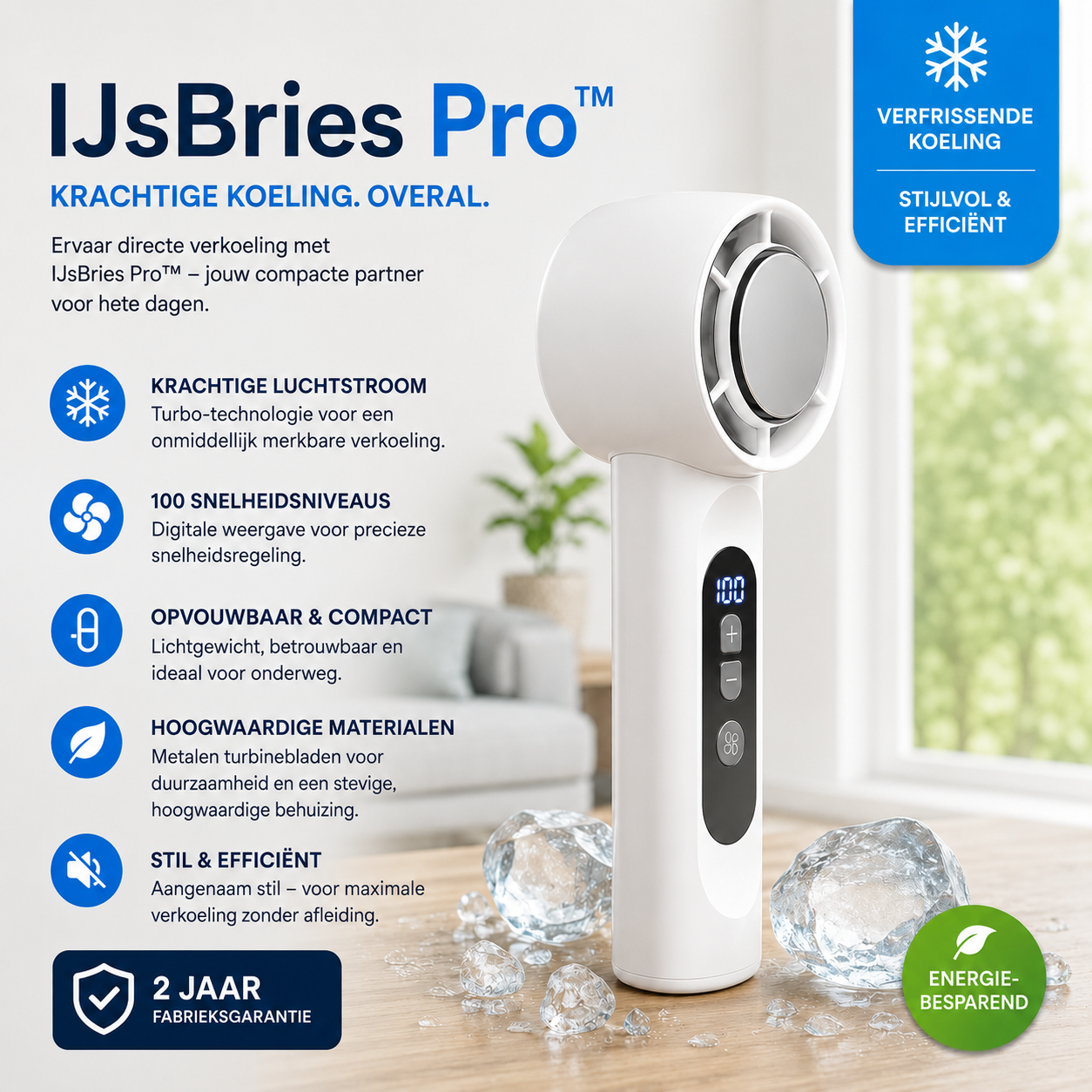 IJsBries Pro™ – Persoonlijke ventilator met actieve directe koeling — 199 standen, één druk op de knop en direct merkbaar koeler